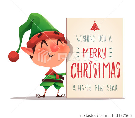 Elf Showing Merry Christmas Greeting Sign Elf Showing Merry Christmas Greeting Sign 133157566