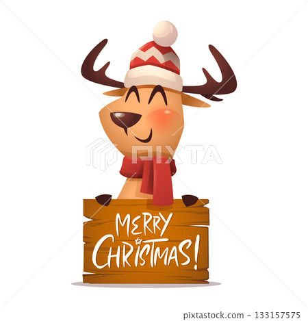 Reindeer Holding Merry Christmas Wooden Sign Reindeer Holding Merry Christmas Wooden Sign 133157575