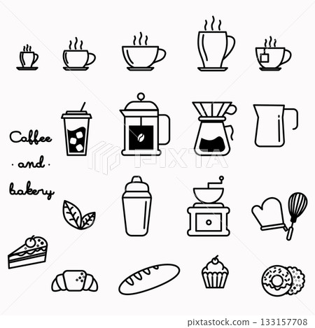 Minimal Outline Coffee and Bakery Icons Set - Black Line Vector 133157708