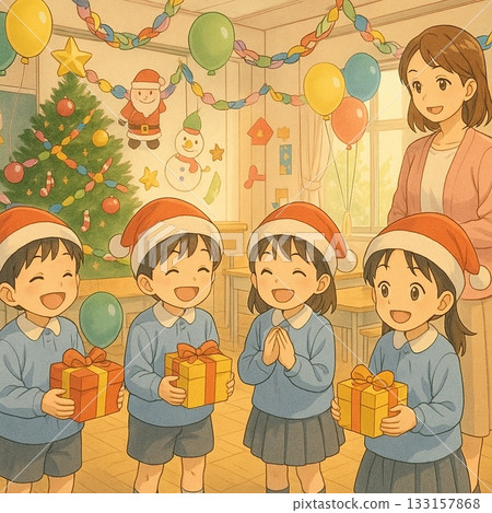 Present time with excited children at the kindergarten Christmas party 133157868