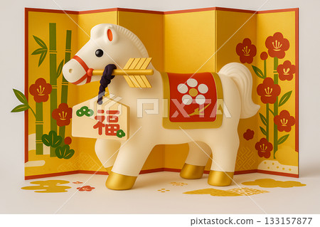 一匹白馬馱著吉祥物和哈瑪雅箭（哈瑪雅箭），新年裝飾品，以及一幅金色的折疊屏風 133157877