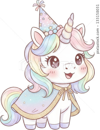 Cute pastel rainbow unicorn wearing a party hat and cape Cute pastel rainbow unicorn wearing a party hat and cape 133158031