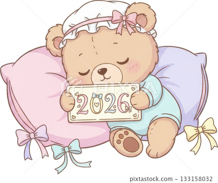 Cute sleeping baby teddy bear with 2026 sign on pastel pillows 133158032