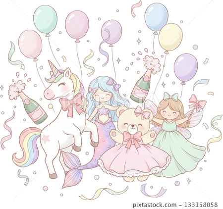 Whimsical pastel fantasy celeb n with unicorn mermaid fairy bear 133158058