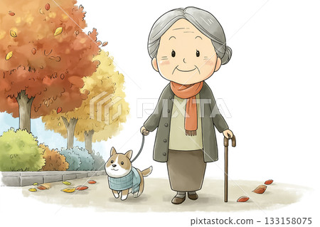 美由系列：一位老婦人在秋日的公園牽著一隻小狗散步 133158075