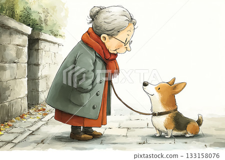 美由系列：一位老婦人在秋日的公園牽著一隻小狗散步 133158076