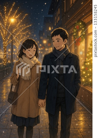 聖誕夜,一對情侶手牽手散步 聖誕夜,一對情侶手牽手散步 133158245