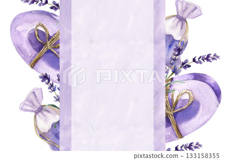 Lavender soap bar packing banner template with watercolor violet sachet ,soap with jute rope and wild field flowers illustration.Hand drawn organic cosmetics label,logo design Lavender soap bar packing banner template with watercolor violet sachet ,soap with jute rope and wild field flowers illustration.Hand drawn organic cosmetics label,logo design 133158355