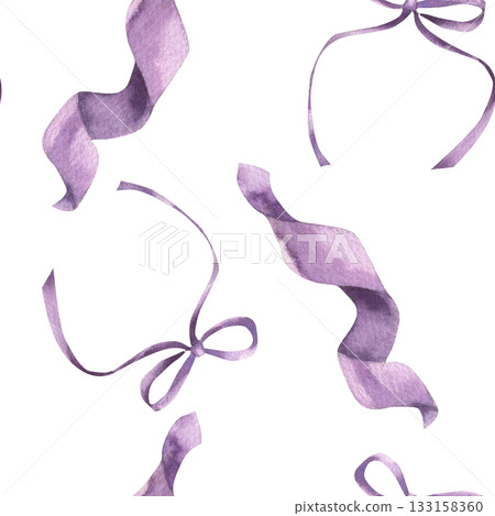 Lavender silk bows and ribbons watercolor seamless pattern. Hand drawn rustic romantic background with girlish hair accessories, purple decorative ribbon for wallpaper,packing design Lavender silk bows and ribbons watercolor seamless pattern. Hand drawn rustic romantic background with girlish hair accessories, purple decorative ribbon for wallpaper,packing design 133158360