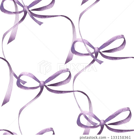 Purple decorative ribbon watercolor seamless pattern. Hand drawn girlish background with lavender silk bows, festive clipart for wedding packing,wallpaper design 133158361