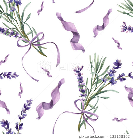 Lavender flowers, decorative purple bows and ribbons watercolor seamless pattern. Hand drawn girlish rustic background with wild field flowers for wallpaper, packing,textile design 133158362