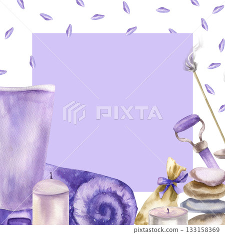 Lavender organic spa banner with watercolor violet bath soap, cream tube, candles, herb sachet, roller and meditation aroma sticks illustration. Spa skin care frame, female mental health clipart Lavender organic spa banner with watercolor violet bath soap, cream tube, candles, herb sachet, roller and meditation aroma sticks illustration. Spa skin care frame, female mental health clipart 133158369