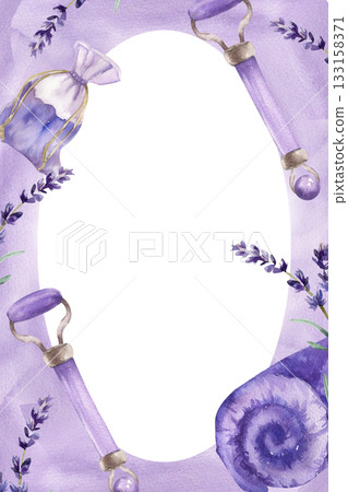 Skin care watercolor card template with lavender flowers, violet bath towel,massage roller,herb sachet watercolor illustration. Spa and wellness frame for organic cosmetics packing,label design 133158371