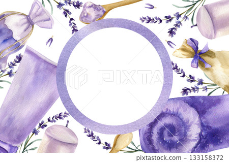 Lavender spa banner template with violet watercolor bath towel,herb sachet, cram tube, salt and candles watercolor illustration.Organic cosmetics,skin and body care frame for product packing design Lavender spa banner template with violet watercolor bath towel,herb sachet, cram tube, salt and candles watercolor illustration.Organic cosmetics,skin and body care frame for product packing design 133158372