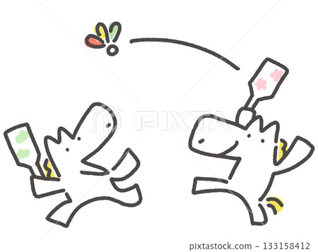 Two white horses playing hagoita (battledore) New Year's material 133158412