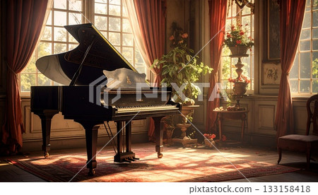 一束懷舊的光線照進一棟廢棄的西式建築和一架舊鋼琴。 133158418