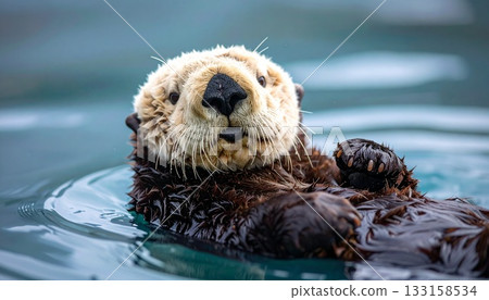 可愛的海獺漂浮在蔚藍的大海中 3 133158534