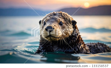 可愛的海獺漂浮在蔚藍的大海中 4 133158537