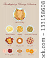 thanksgiving turkey food selection autumn feast with pumpkin pies cranberry casserole and gravy in flat vector design 133158608