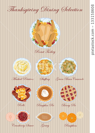 thanksgiving turkey food selection autumn feast with pumpkin pies cranberry casserole and gravy in flat vector design 133158608