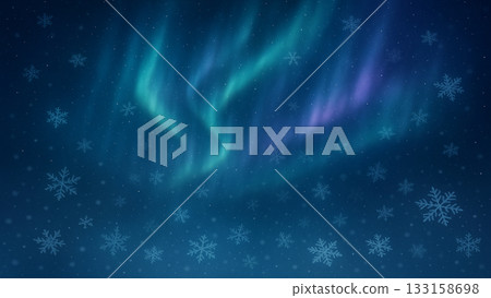 背景（冬季）_極光閃爍的夜空和雪花紛飛的冬季背景（留有文字空間） 133158698