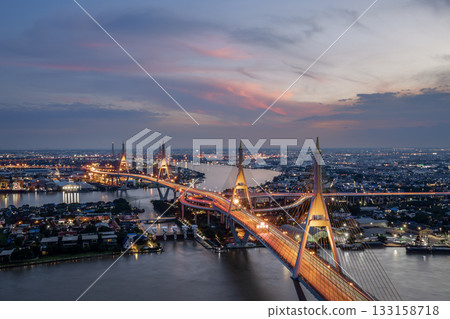 Bangkok City - Beautiful sunset Chao Phraya river view of Bhumibol Bridge,Thailand. Bangkok City - Beautiful sunset Chao Phraya river view of Bhumibol Bridge,Thailand. 133158718