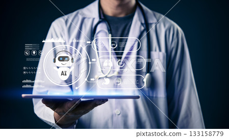 Medical professional in white coat presents innovative AI healthcare solutions on tablet, futuristic interface with brain, lungs, and DNA data insights for diagnosis and treatment advancements. Medical professional in white coat presents innovative AI healthcare solutions on tablet, futuristic interface with brain, lungs, and DNA data insights for diagnosis and treatment advancements. 133158779