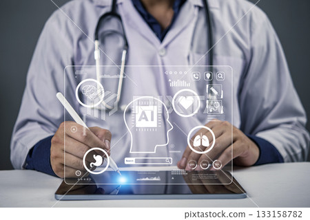 Doctor interacting with virtual medical interface, brain, heart, lung icons, AI hologram. Head Up Display healthcare technology, artificial intelligence in medicine research , and digital diagnostics. 133158782