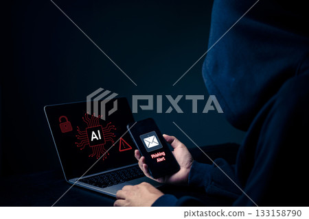 Phishing email warning on phone with AI breach sign on laptop, smart cyberattacks, deepfake risks.Hacker targeting digital systems cybercrime, social engineering, and online identity theft risks. 133158790