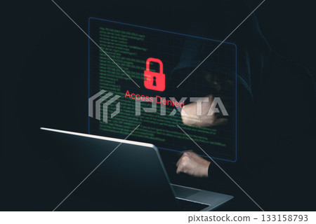 cybersecurity risks, antivirus protection, cyber attacks, and sensitive data defense. protection breach, Blocked access Denied. Red lock warning on computer. 133158793