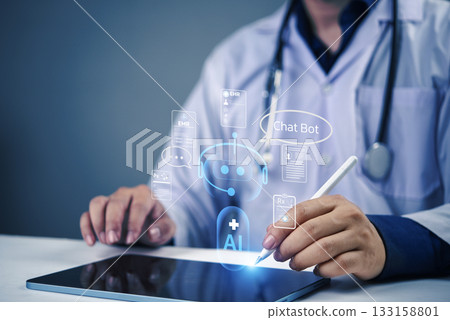 Medical technology concept with chatbot patient data, prescriptions, and EHR support using artificial intelligence tools.Digital health assistant with AI patient data access, and treatment planning. Medical technology concept with chatbot patient data, prescriptions, and EHR support using artificial intelligence tools.Digital health assistant with AI patient data access, and treatment planning. 133158801