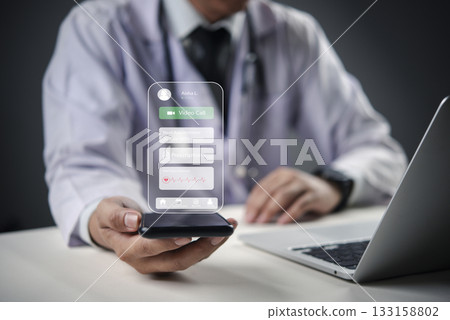 Doctor using smartphone to demonstrate futuristic telemedicine app with video call, prescriptions, and heart rate monitoring in smart healthcare system. mobile medical services health diagnostics. Doctor using smartphone to demonstrate futuristic telemedicine app with video call, prescriptions, and heart rate monitoring in smart healthcare system. mobile medical services health diagnostics. 133158802