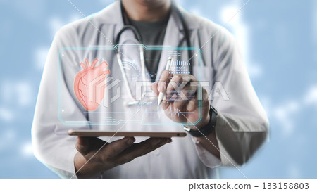 Modern healthcare concept with doctor controlling virtual ECG and heart data on futuristic for AI artificial intelligence diagnosis and treatment, telemedicine and innovative hospital solutions. 133158803