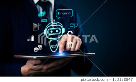 AI financial assistant robot interface on tablet screen. Fintech chatbot, digital banking, and automation in business finance innovation investment and money management modern virtual advisor systems. AI financial assistant robot interface on tablet screen. Fintech chatbot, digital banking, and automation in business finance innovation investment and money management modern virtual advisor systems. 133158847