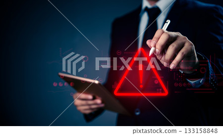 Business cyber alert concept with glowing triangle symbol. Represents warning, error, system risk, and cybersecurity issues related to data breach and internet security. Business cyber alert concept with glowing triangle symbol. Represents warning, error, system risk, and cybersecurity issues related to data breach and internet security. 133158848