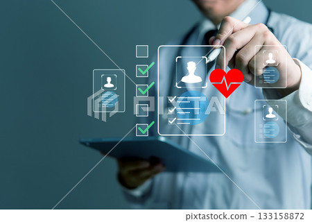 Digital checklist with doctor analyzing virtual medical records, used in smart hospital platforms, AI health checklist systems diagnostics and patient data electronic health records (EHR) management. Digital checklist with doctor analyzing virtual medical records, used in smart hospital platforms, AI health checklist systems diagnostics and patient data electronic health records (EHR) management. 133158872