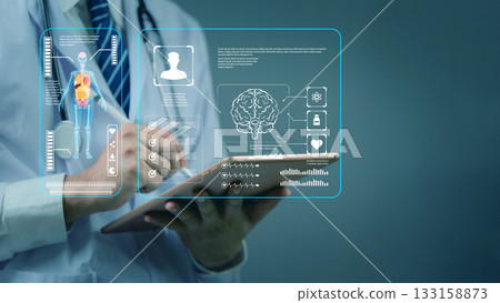 doctor using tablet with digital human anatomy and brain interface, smart healthcare, AI diagnosis, and future medical innovation technology. health check concept. 133158873