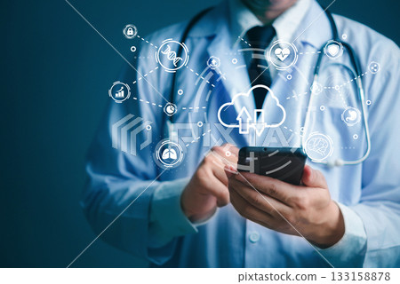 doctor using smartphone with cloud health icons, digital cloud computing medical , telemedicine remote diagnosis, and AI healthcare technology solutions innovation data management. 133158878