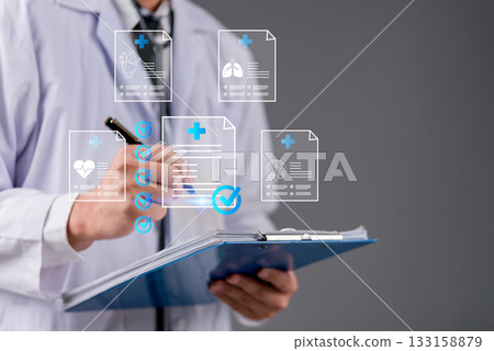 Doctor analyzing digital health patient data medical record EHR information, clinical data, checklists and organ diagnostics reports 133158879
