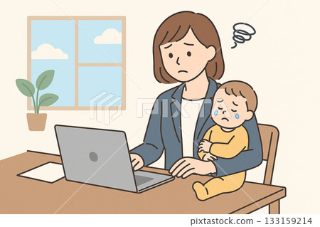 一位因為無法將孩子託付他人照顧而遠距辦公的女性 133159214