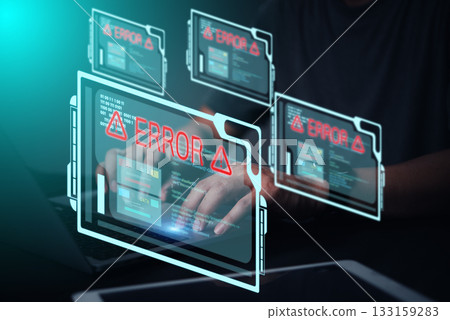 Concept of system error, cyber attack, or data breach digital technology. Cybersecurity issues, hacking, network problems with error messages and programming code. critical security vulnerability. 133159283