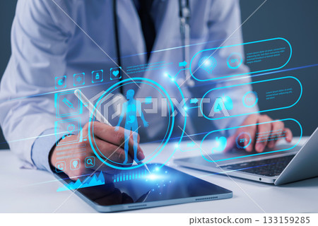 doctor using technology telemedicine healthcare on tablet analysis health data. digital innovative medical diagnostics technology and AI. smart hospital doctor using technology telemedicine healthcare on tablet analysis health data. digital innovative medical diagnostics technology and AI. smart hospital 133159285