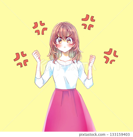 Angry woman with fists clenched in both hands, annoyed mark 133159403