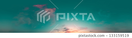 Sunset sky with bright glowing pink Cirrus clouds. Seamless spherical HDR 360 panorama. Full zenith or sky dome in 3D, sky replacement for aerial drone panoramas. Climate and weather change. 133159519