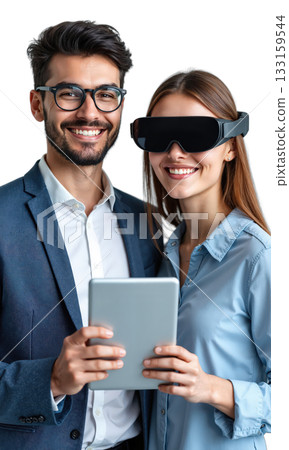 VR Headset Tablet Technology Smiling modern couple exploring virtual reality and digital tech with a tablet on white background Vertical video 133159544