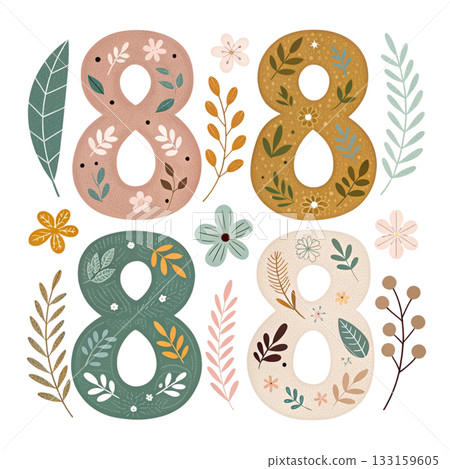 alphabet letters Number each letter in different color with floral and leaf patterns inside Scandinavian boho vector style 133159605