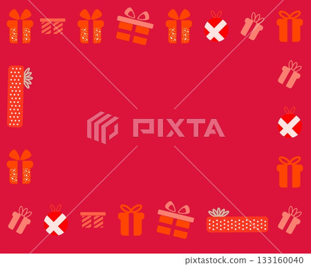 A vibrant, blank card template with a bold red background framed by scattered minimalist illustrations of wrapped Christmas gifts, bows, and festive elements. A vibrant, blank card template with a bold red background framed by scattered minimalist illustrations of wrapped Christmas gifts, bows, and festive elements. 133160040