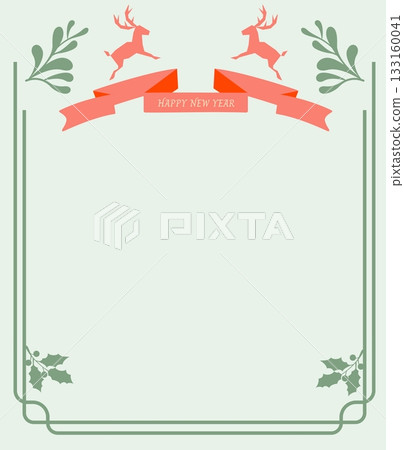 An elegant and simple holiday frame or card design featuring minimalist illustrated reindeer and a curved ribbon banner, set on a light pastel green background with subtle corner accents. 133160041