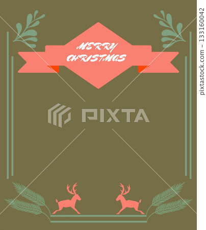 A rustic, nature-inspired Christmas card design featuring reindeer silhouettes and botanical elements like leaves and berries, with "MERRY CHRISTMAS" on a ribbon, set on a olive-brown background. A rustic, nature-inspired Christmas card design featuring reindeer silhouettes and botanical elements like leaves and berries, with "MERRY CHRISTMAS" on a ribbon, set on a olive-brown background. 133160042