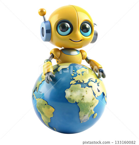 Cute Yellow Robot on a Giant Globe 133160082